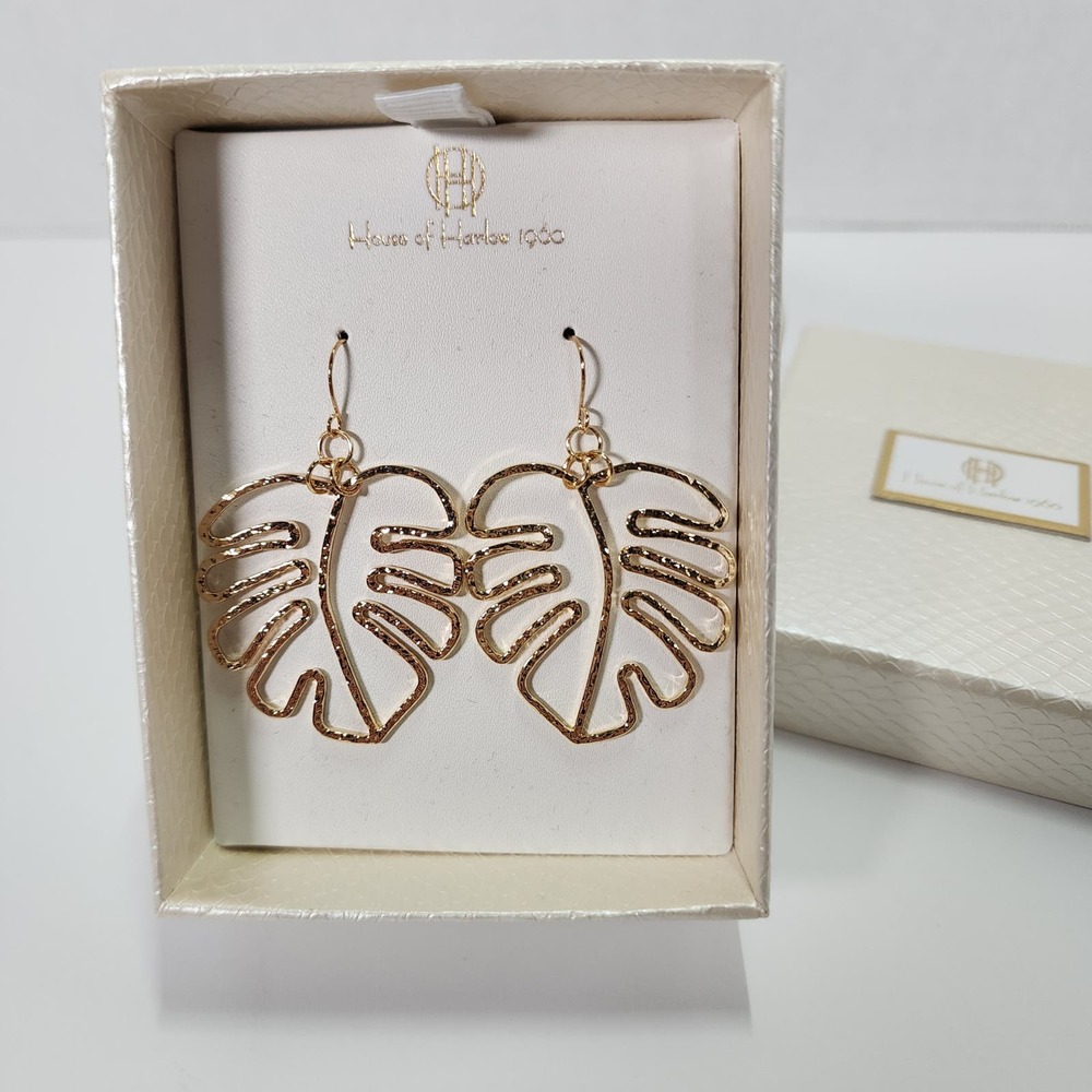 House of Harlow 1960 Banana Leaf Gold tone Tropical Summer Dangle Drop Earrings